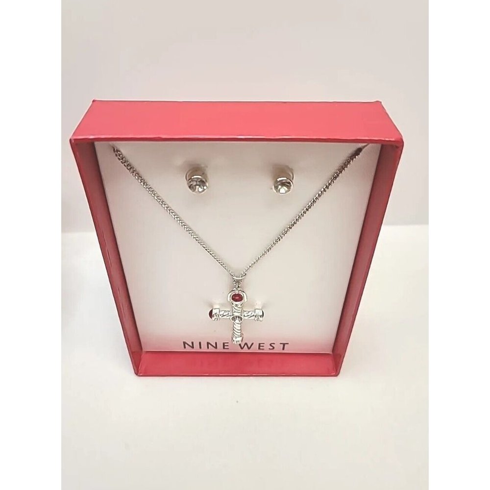 NINE WEST Silver Tone‎ Multi Color Jewels Cross necklace Stud Earring Set W Box - Picture 4 of 7